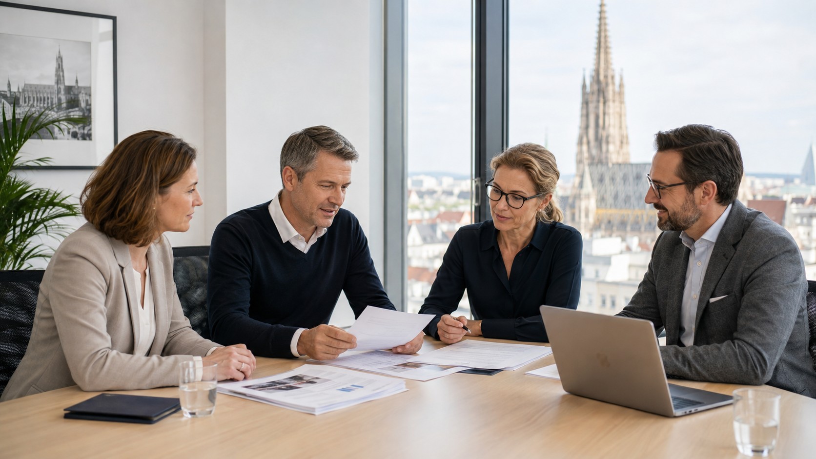 Eigentümer und Vermittler besprechen Immobilienunterlagen in einem Büro